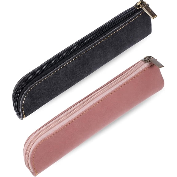 Leather Pencil Pouch, 2 Pcs Slim Pencil Case Portable Small Pencil Pouch Soft Flat Pen Bags with Zipper Simple Makeup Bag Lipstick Case for Women Men Home, Office, Travel Outdoor (Black, Pin