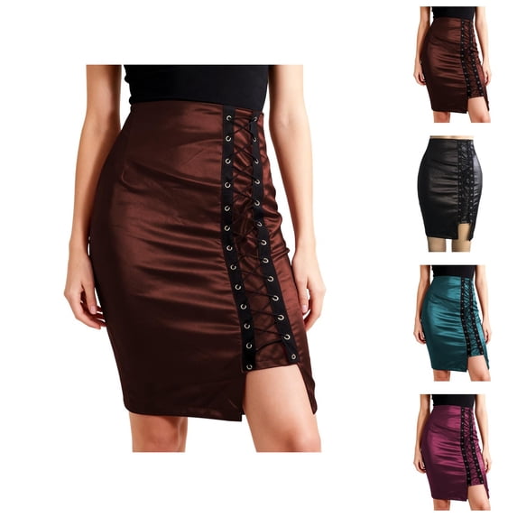 Leather Pencil Skirt for Women High Waisted Lace Up Bodycon Side Slit Faux Leather Mini Skirt
