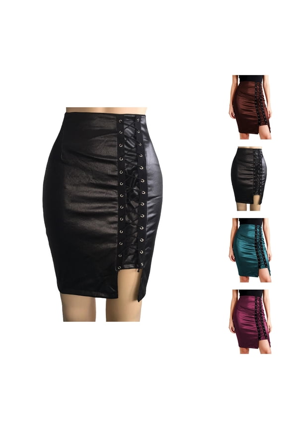 Leather Pencil Skirt for Women High Waisted Lace Up Bodycon Side Slit Faux Leather Mini Skirt