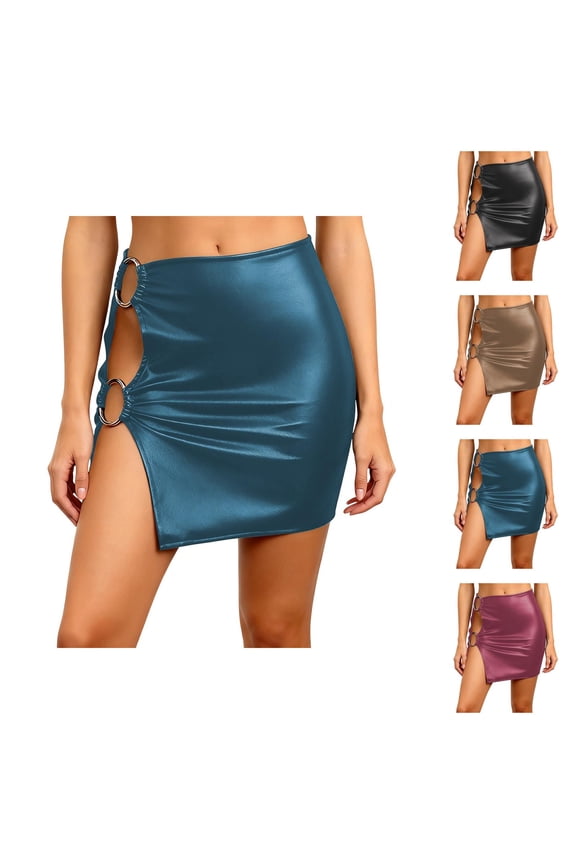 Leather Pencil Skirt for Women Leather Side Slit Bodycon Mini Skirt Clubwear