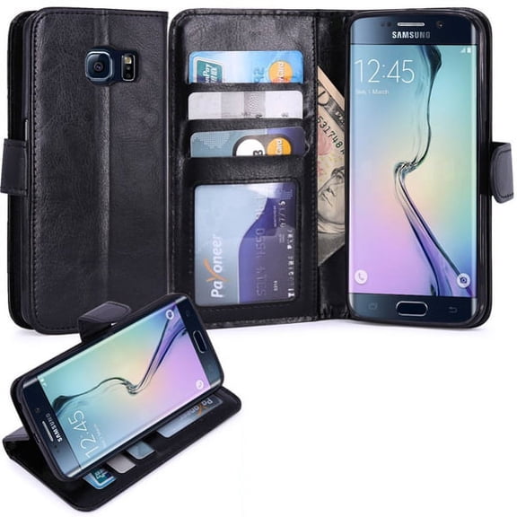 Leather Phone Case Stand Wallet Flip Cover Card ID Slots Reinforced Drop Protection Black Y3O for Samsung Galaxy S6 Edge