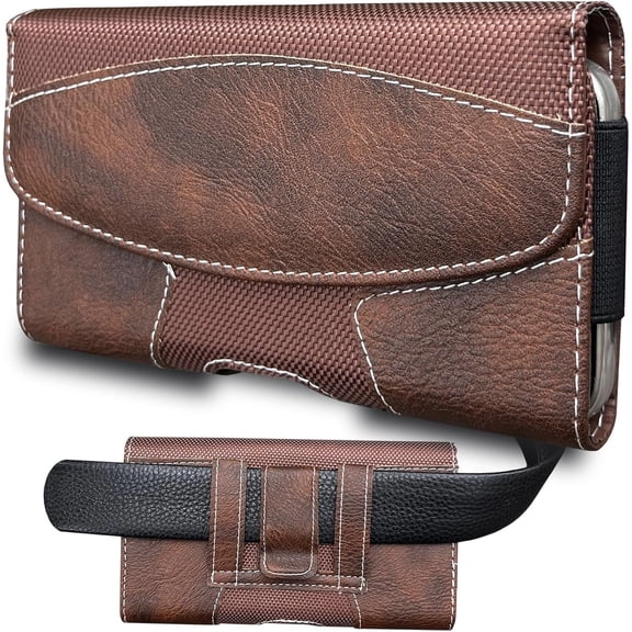 Leather Phone Holster for Men with Belt Clip, Cell Phone Holder for Galaxy A06/F06/M06/F14/XCover7/ Defy 2/BLU G64/ 60R/HMD Key,Belt Pouch Case Closure (Brown-XXL)