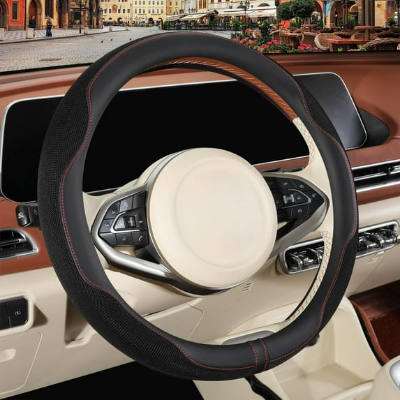 Leather Pink Steering Wheel Cover, Advanced Microfiber Leather Non-Slip Breathable Fabric, Warm in Winter and Cool in Summer, Universal 15 inch