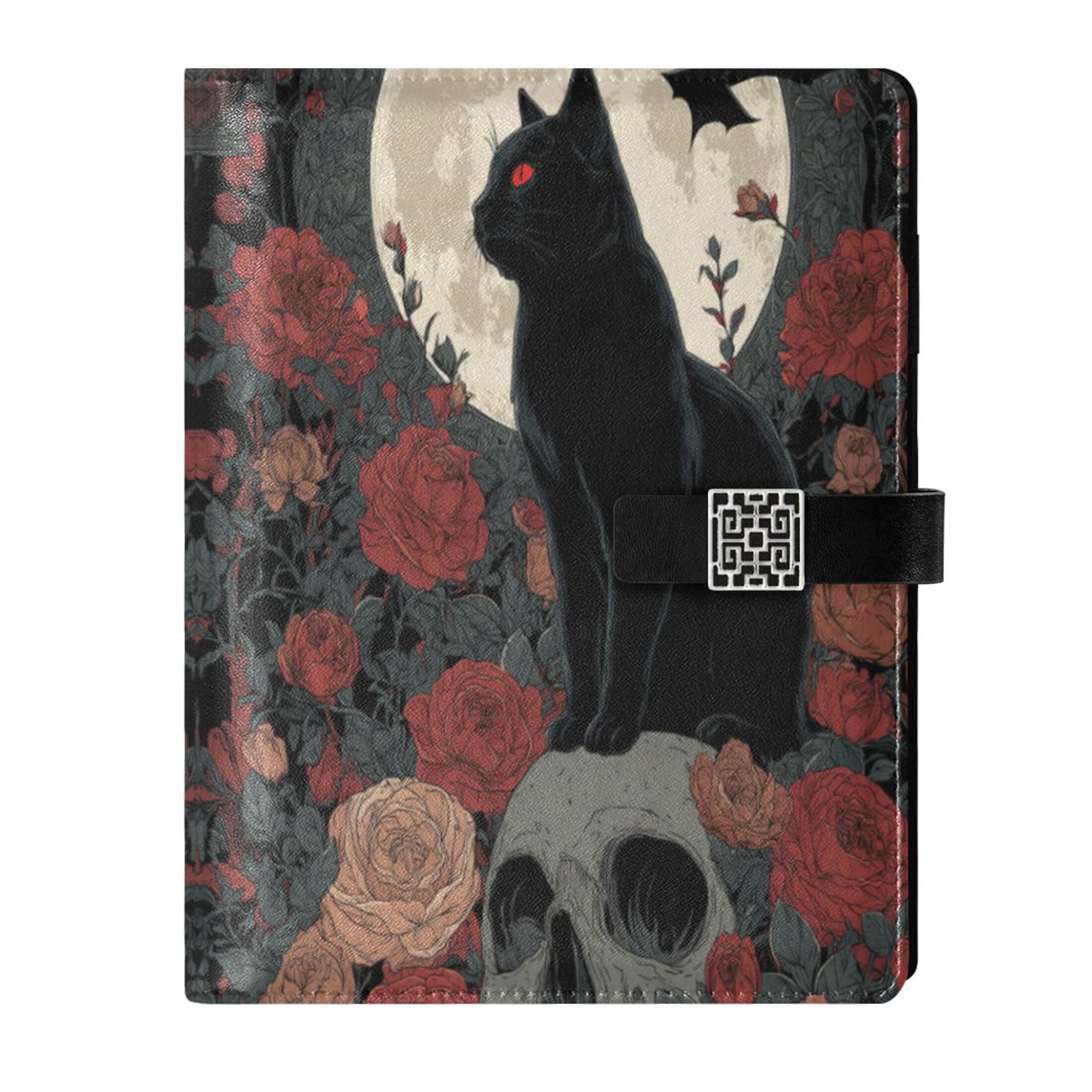 Leather Planner Leather Notebook Notebook Journal Binder Design Pen Pocket Design Convenient for Storage Black Cat Skull Art