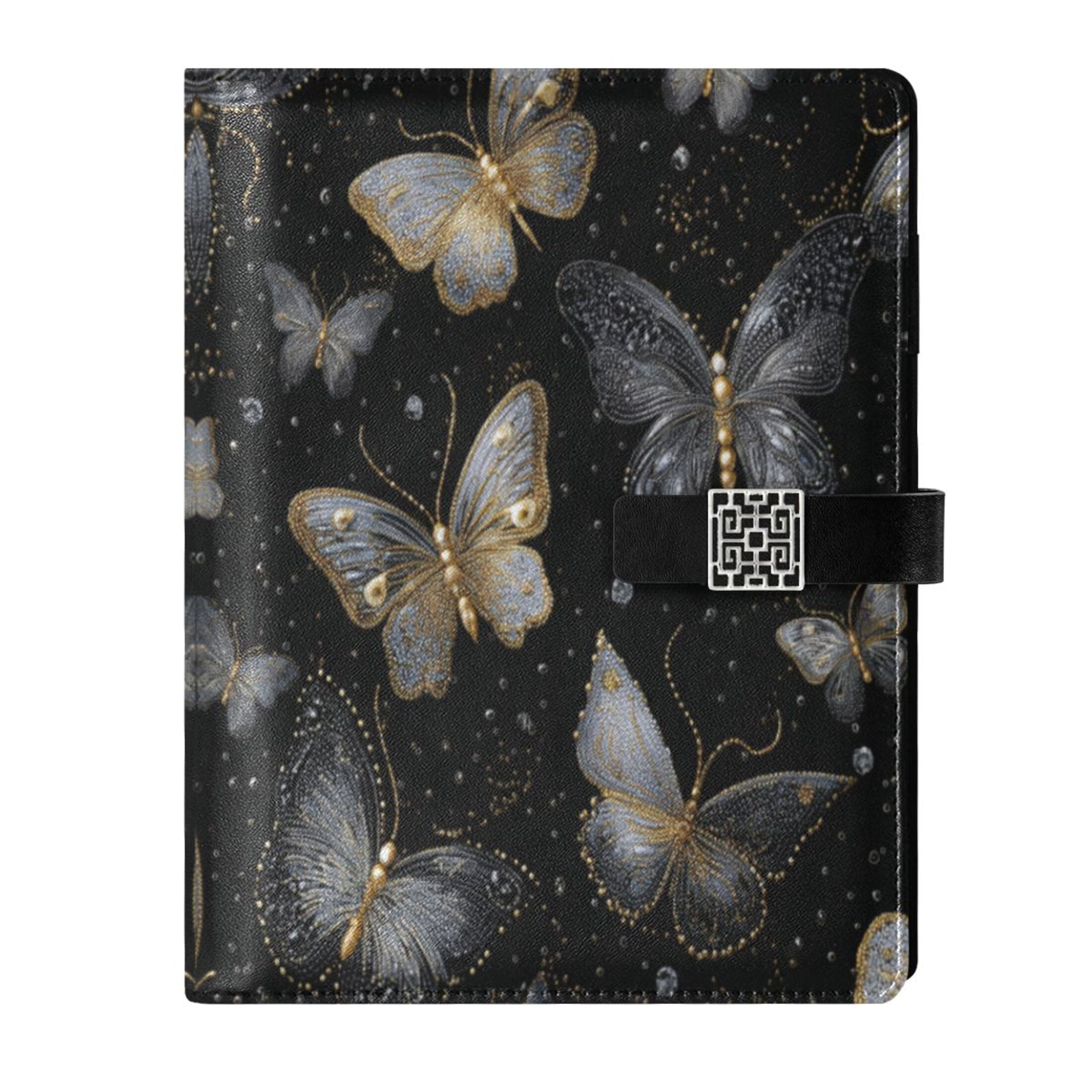 Leather Planner Leather Notebook Notebook Journal Binder Design Pen Pocket Design Convenient for Storage Black and Gold Butterflies
