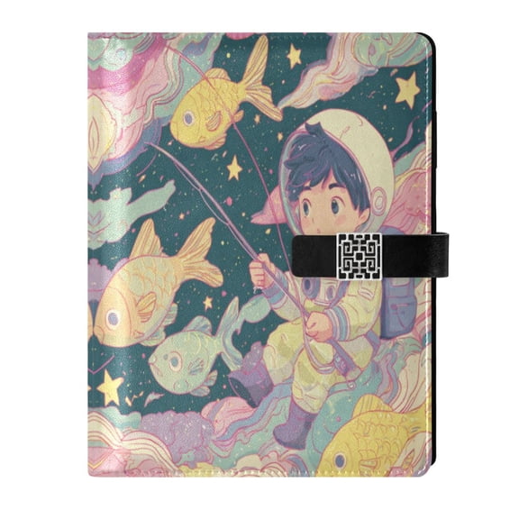 Leather Planner Leather Notebook Notebook Journal Binder Design Pen Pocket Design Convenient for Storage Cartoon Astronaut Fishing