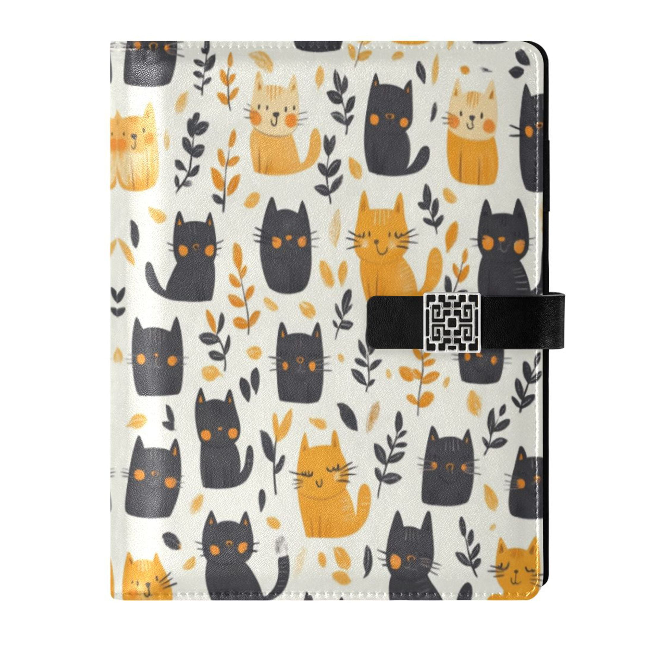 Leather Planner Leather Notebook Notebook Journal Binder Design Pen Pocket Design Convenient for Storage Cartoon Black and Gold Cat