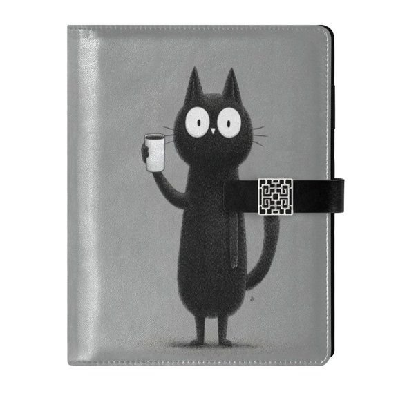Leather Planner Leather Notebook Notebook Journal Binder Design Pen Pocket Design Convenient for Storage Cat Drinks Coffee