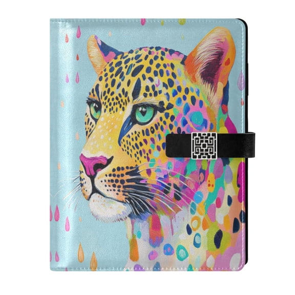 Leather Planner Leather Notebook Notebook Journal Binder Design Pen Pocket Design Convenient for Storage Colorful Leopard and Raindrops