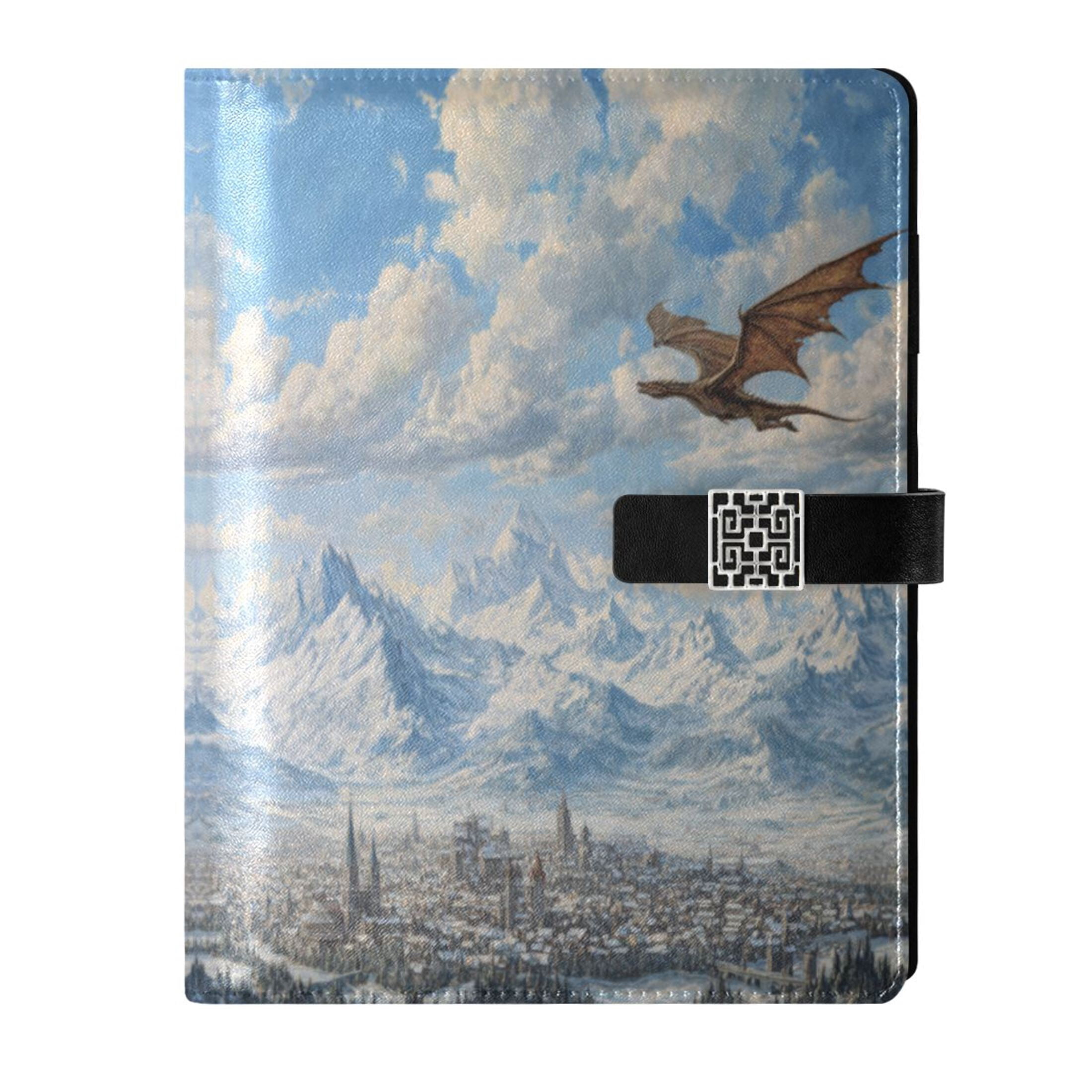 Leather Planner Leather Notebook Notebook Journal Binder Design Pen Pocket Design Convenient for Storage Dragon Flying Medieval Town