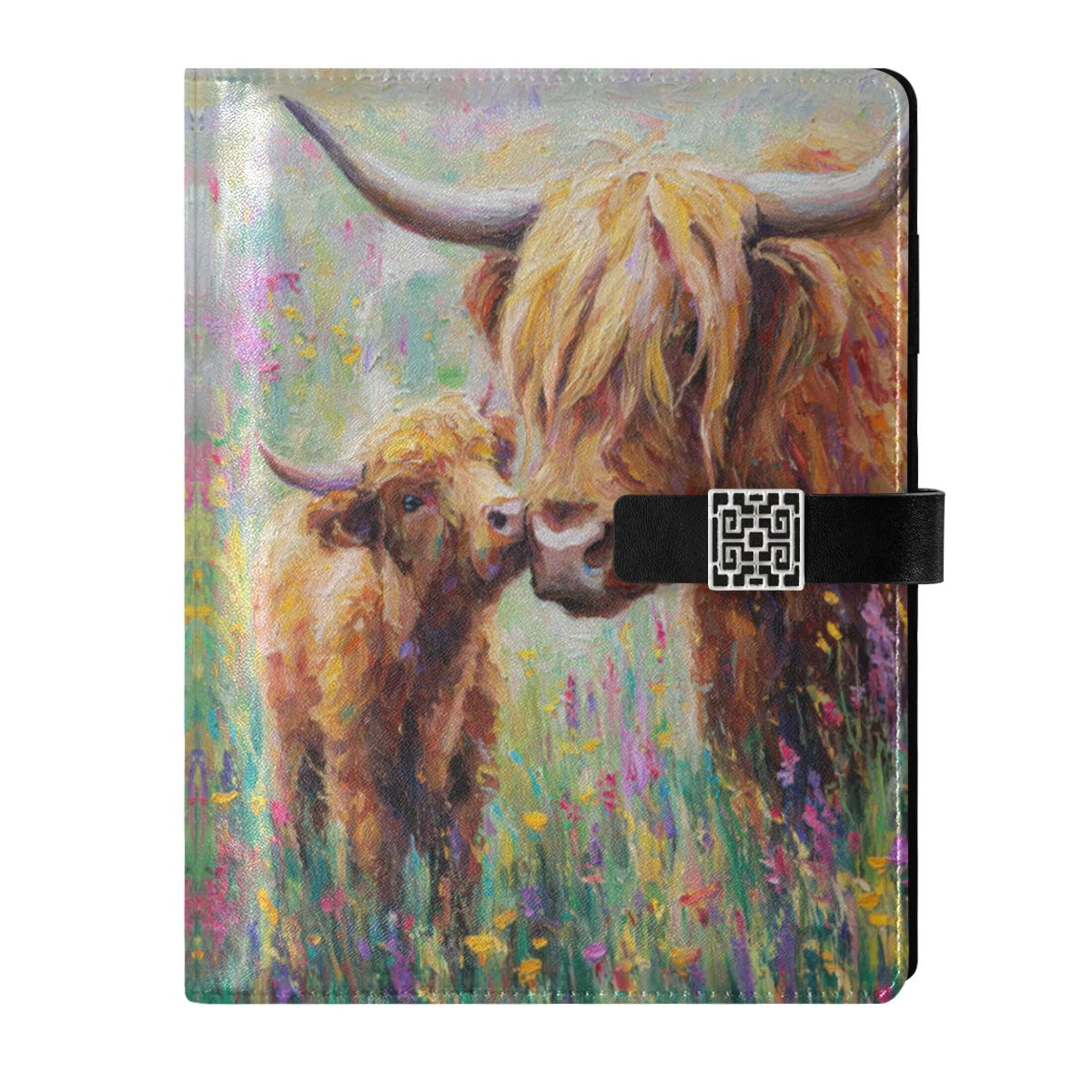 Leather Planner Leather Notebook Notebook Journal Binder Design Pen Pocket Design Convenient for Storage Highland Cow and Calf