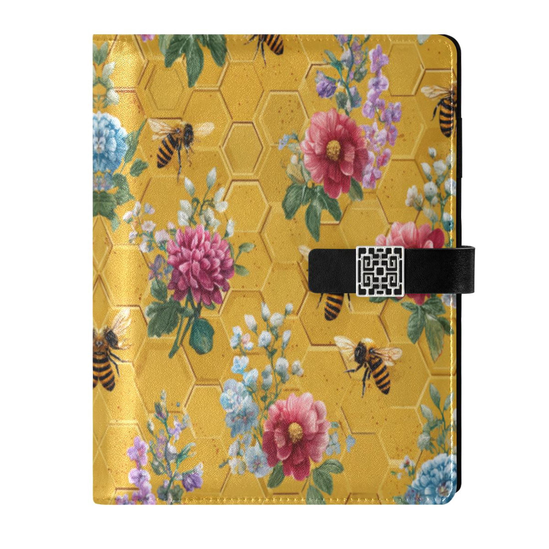 Leather Planner Leather Notebook Notebook Journal Binder Design Pen Pocket Design Convenient for Storage Honeycomb Bee Watercolor Floral