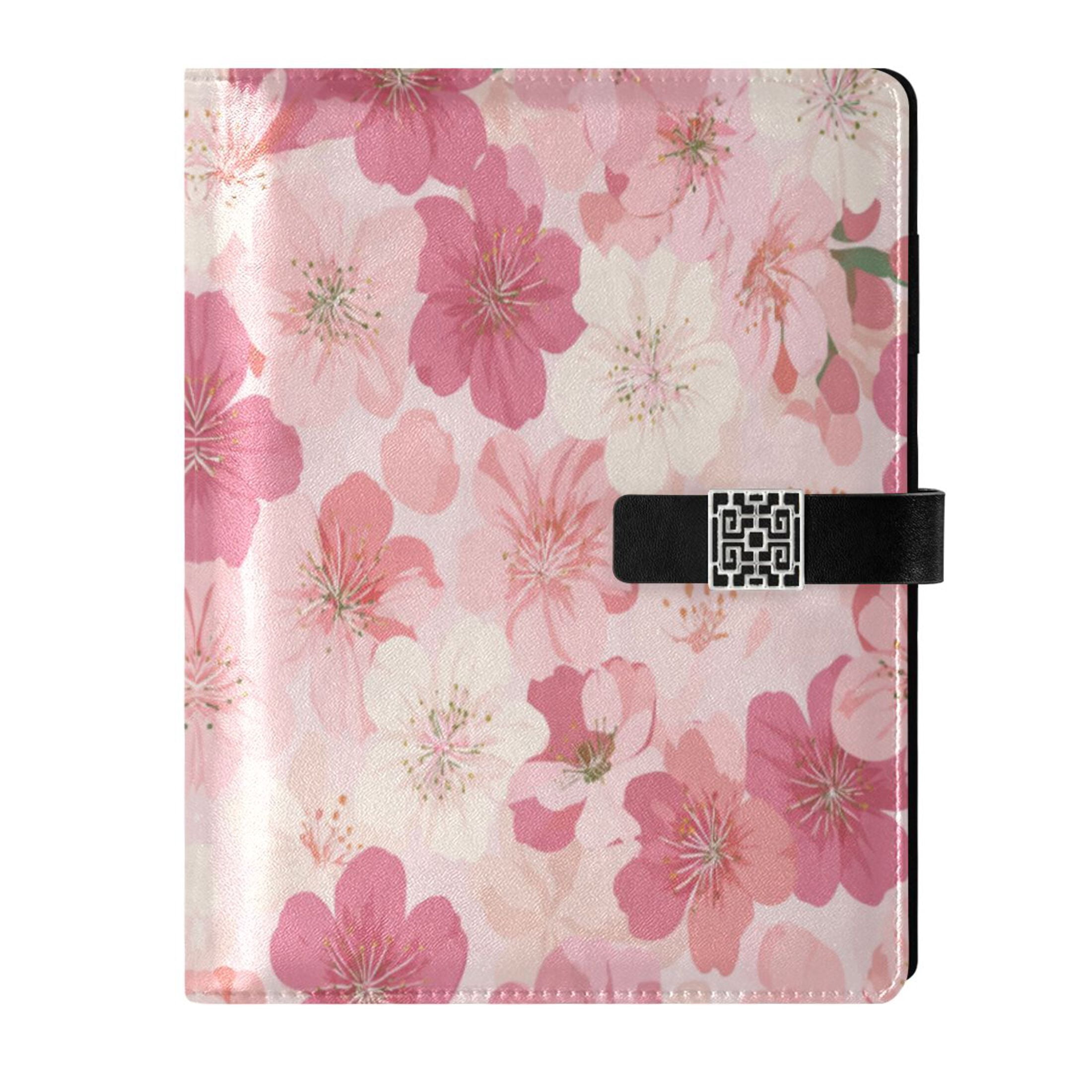 Leather Planner Leather Notebook Notebook Journal Binder Design Pen Pocket Design Convenient for Storage Light Pink Flowers on Cloth