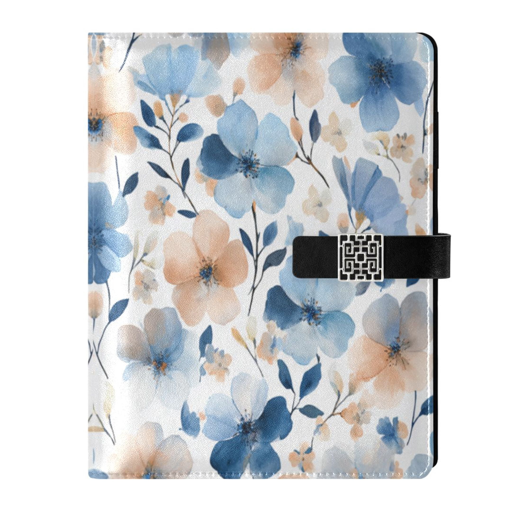 Leather Planner Leather Notebook Notebook Journal Binder Design Pen Pocket Design Convenient for Storage Lovely Watercolor Blue Flowers