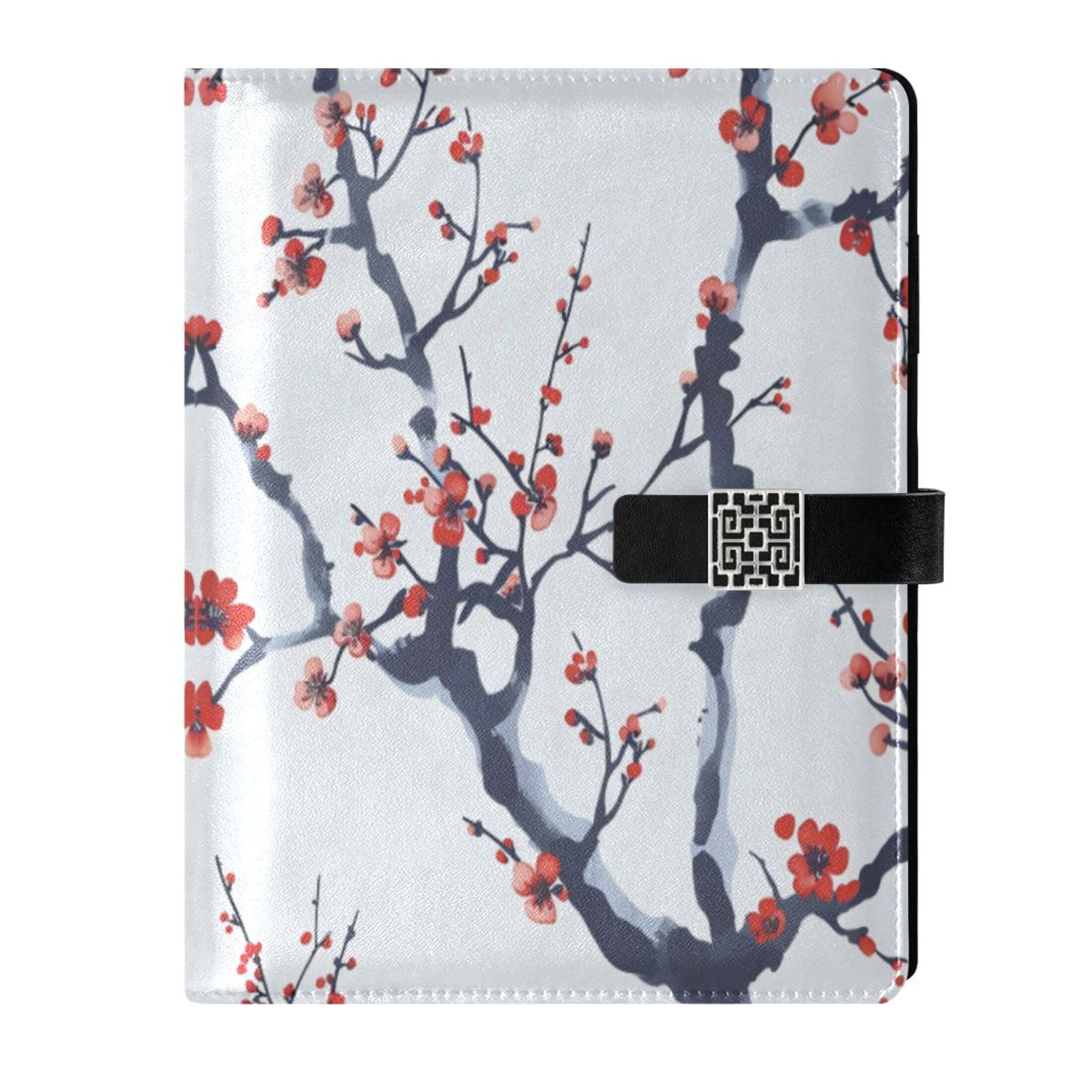 Leather Planner Leather Notebook Notebook Journal Binder Design Pen Pocket Design Convenient for Storage Red Cherry Blossom