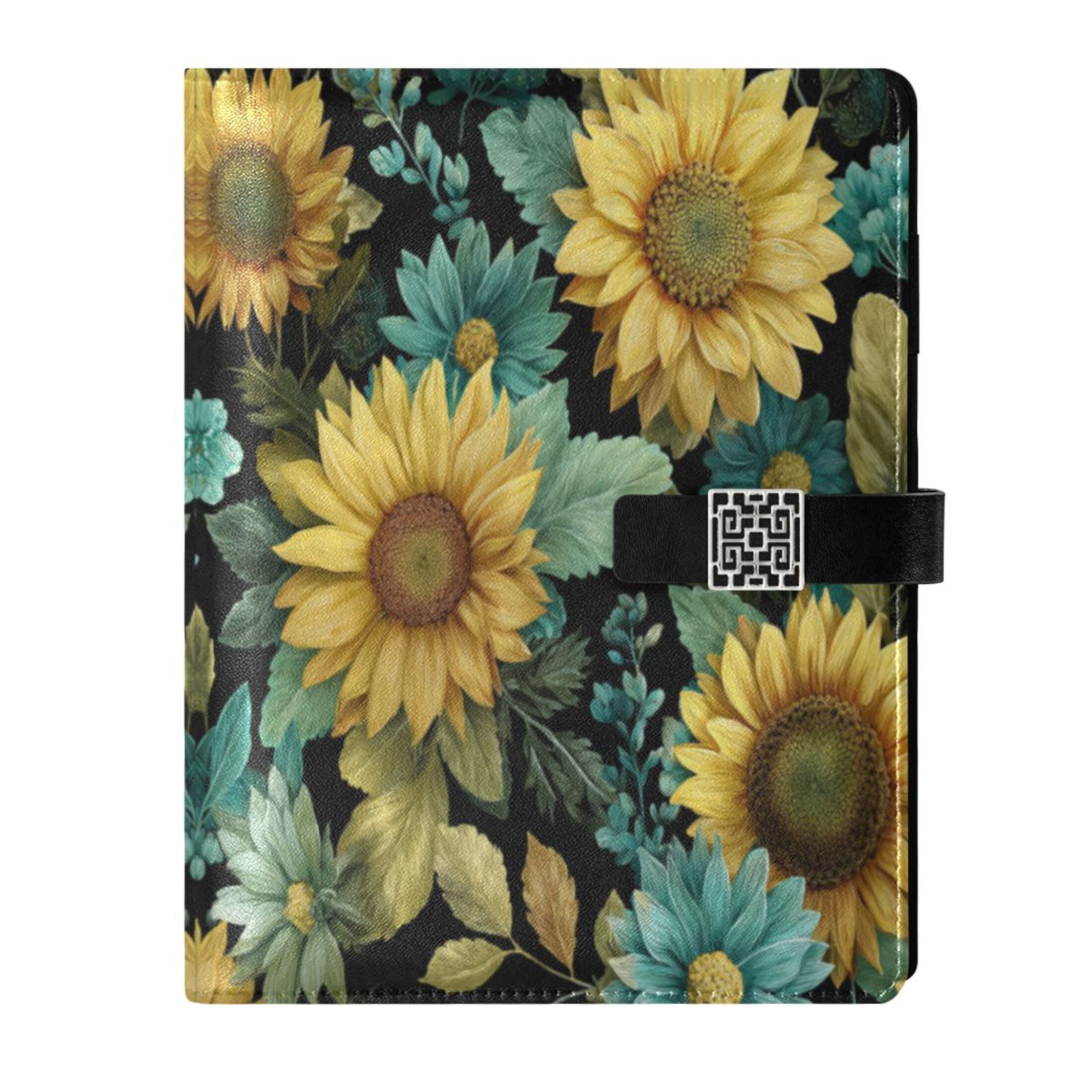 Leather Planner Leather Notebook Notebook Journal Binder Design Pen Pocket Design Convenient for Storage Sage Leaf Sunflowers