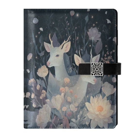 Leather Planner Leather Notebook Notebook Journal Binder Design Pen Pocket Design Convenient for Storage Silver Deer Among Flowers