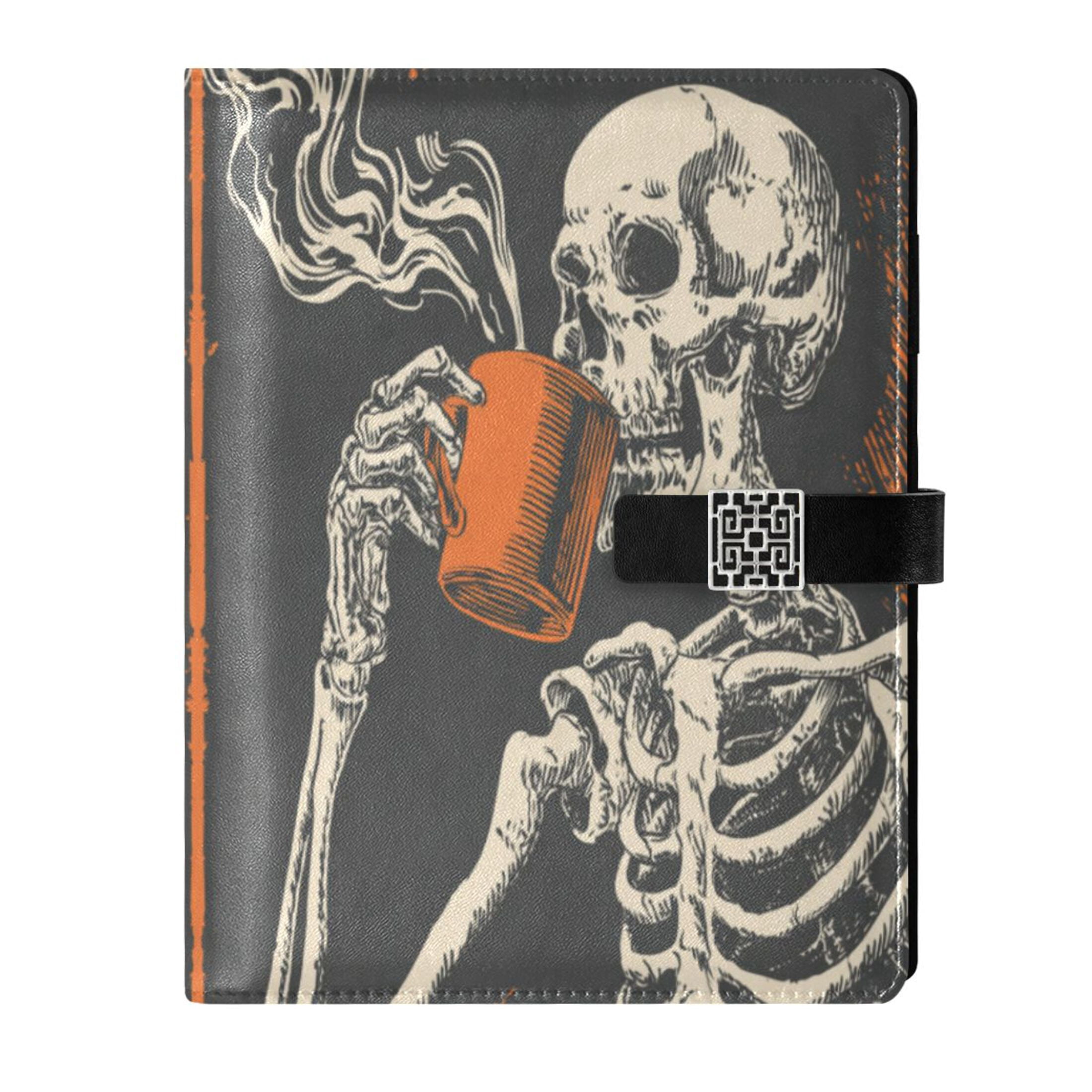 Leather Planner Leather Notebook Notebook Journal Binder Design Pen Pocket Design Convenient for Storage Skeleton Drinking Coffee Pattern