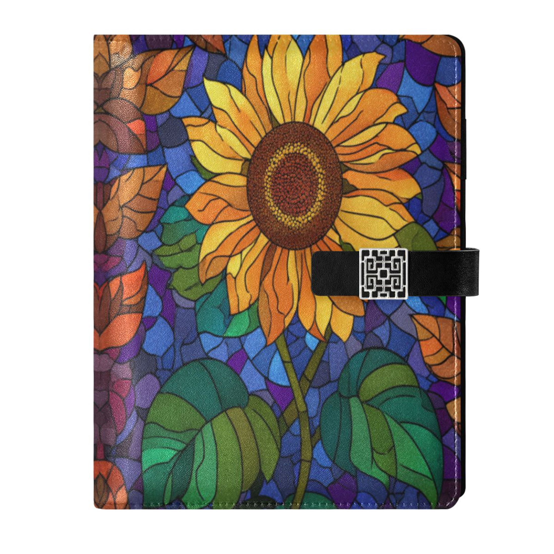Leather Planner Leather Notebook Notebook Journal Binder Design Pen Pocket Design Convenient for Storage Stained Glass Sunflower
