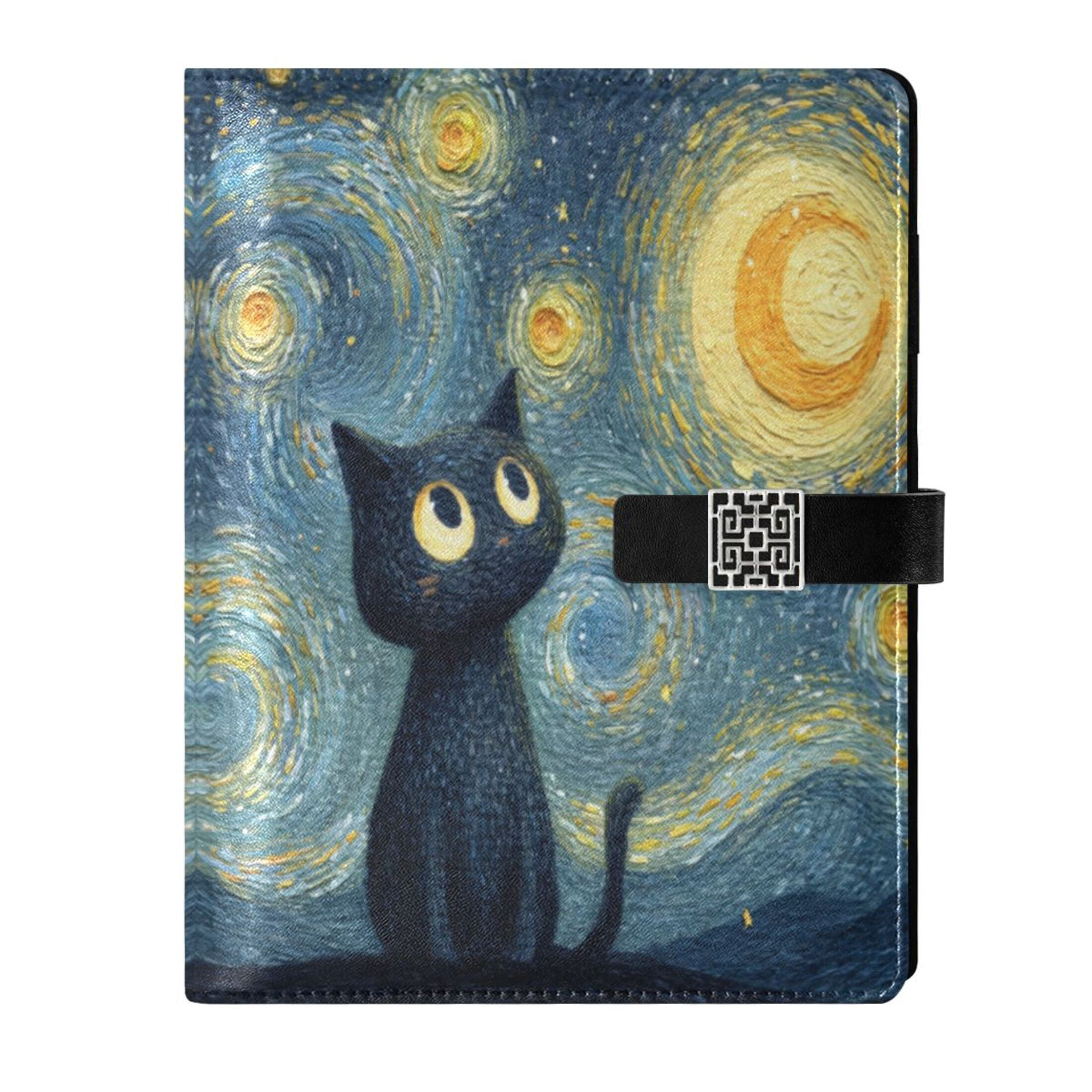 Leather Planner Leather Notebook Notebook Journal Binder Design Pen Pocket Design Convenient for Storage Starry Night Black Cat