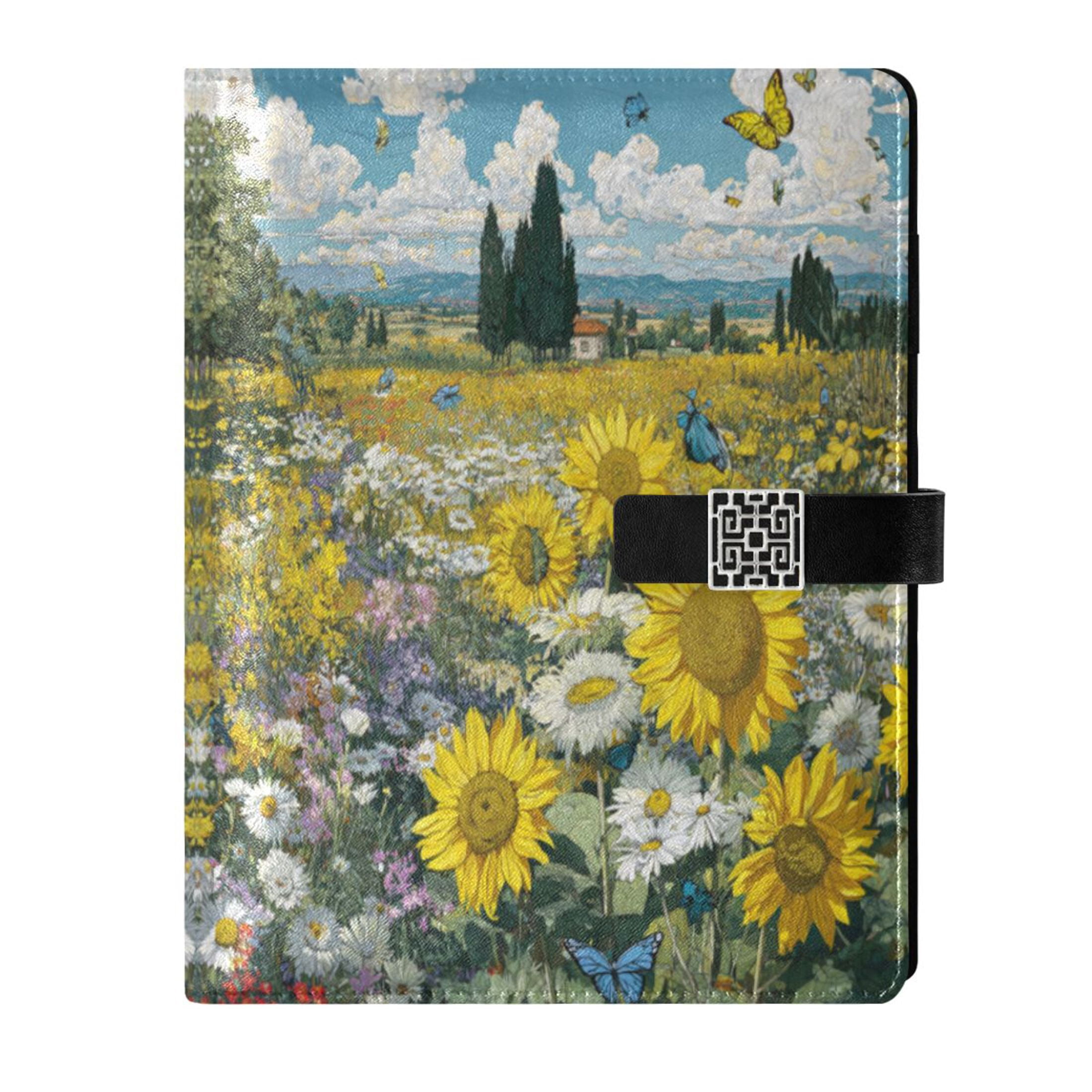 Leather Planner Leather Notebook Notebook Journal Binder Design Pen Pocket Design Convenient for Storage Sunflower Field Butterflies
