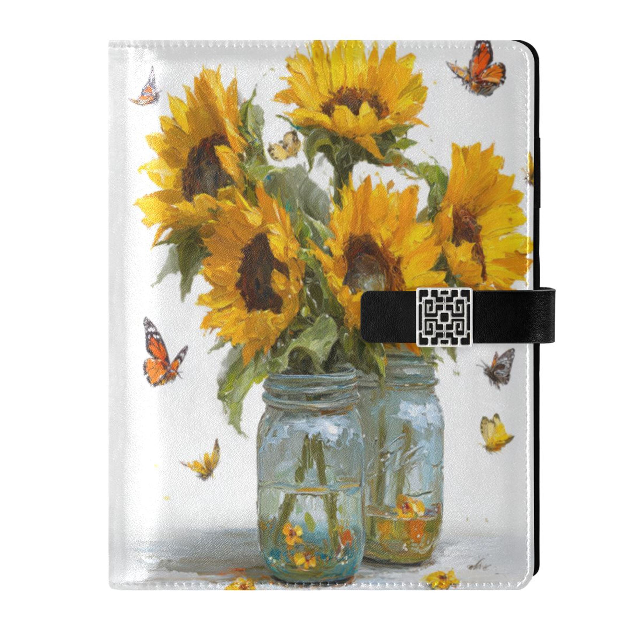 Leather Planner Leather Notebook Notebook Journal Binder Design Pen Pocket Design Convenient for Storage Sunflowers in Glass Jars