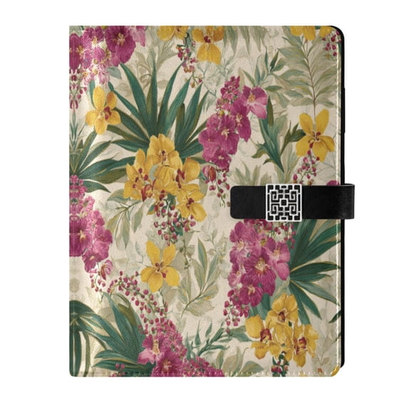 Leather Planner Leather Notebook Notebook Journal Binder Design Pen Pocket Design Convenient for Storage Tropical Flowers Orchids Yellow