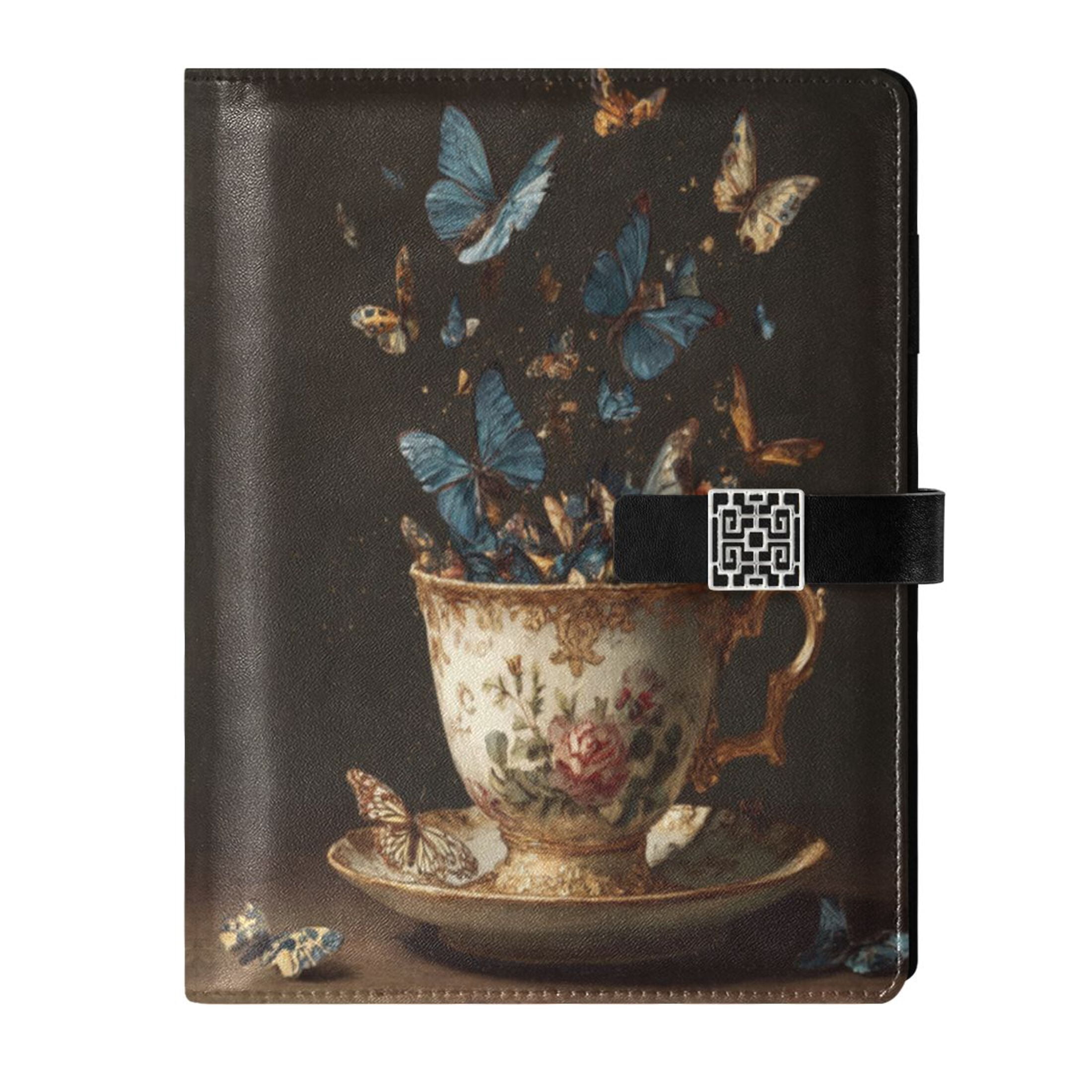 Leather Planner Leather Notebook Notebook Journal Binder Design Pen Pocket Design Convenient for Storage Vintage Teacup Butterflies