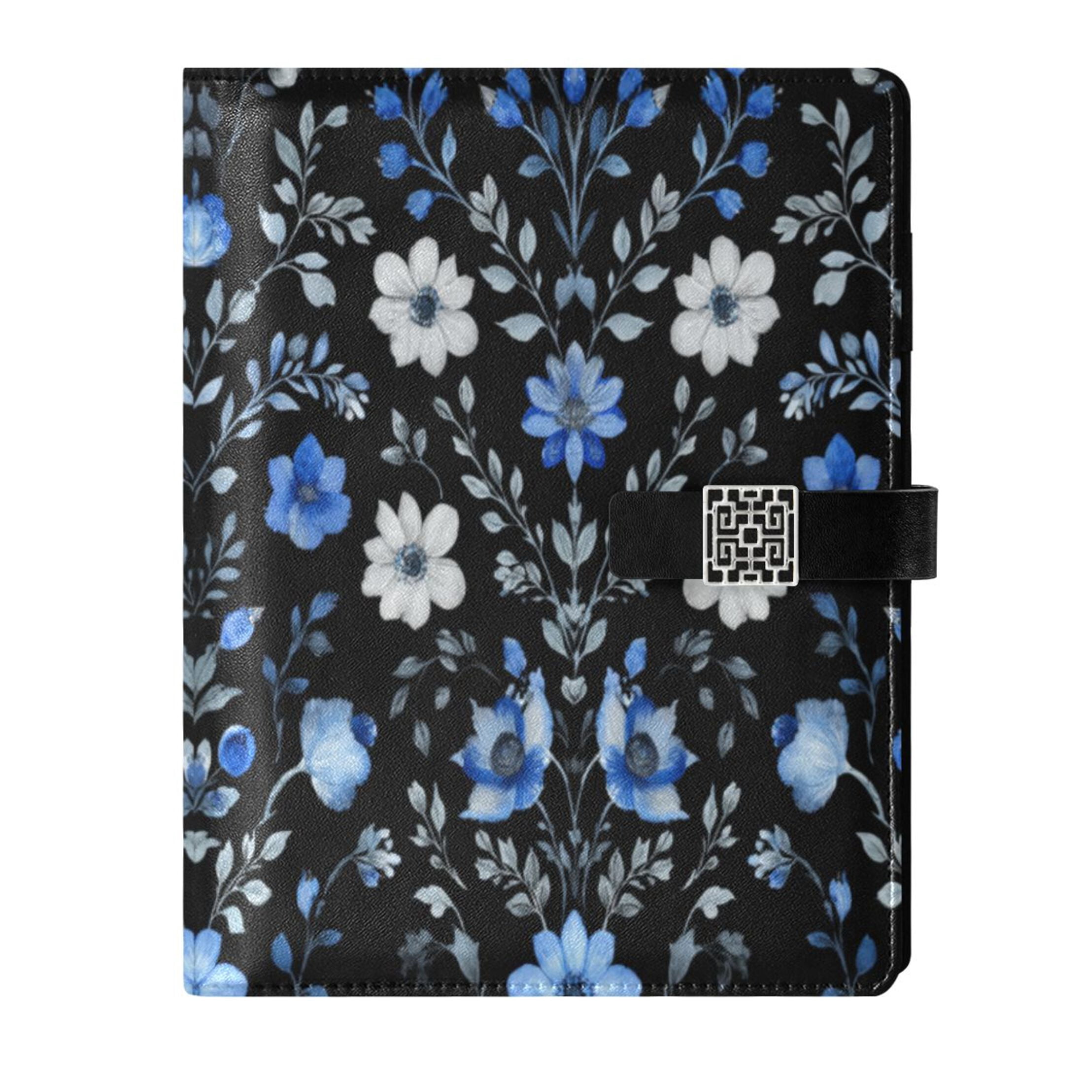 Leather Planner Leather Notebook Notebook Journal Binder Design Pen Pocket Design Convenient for Storage Watercolor White Blue Flowers