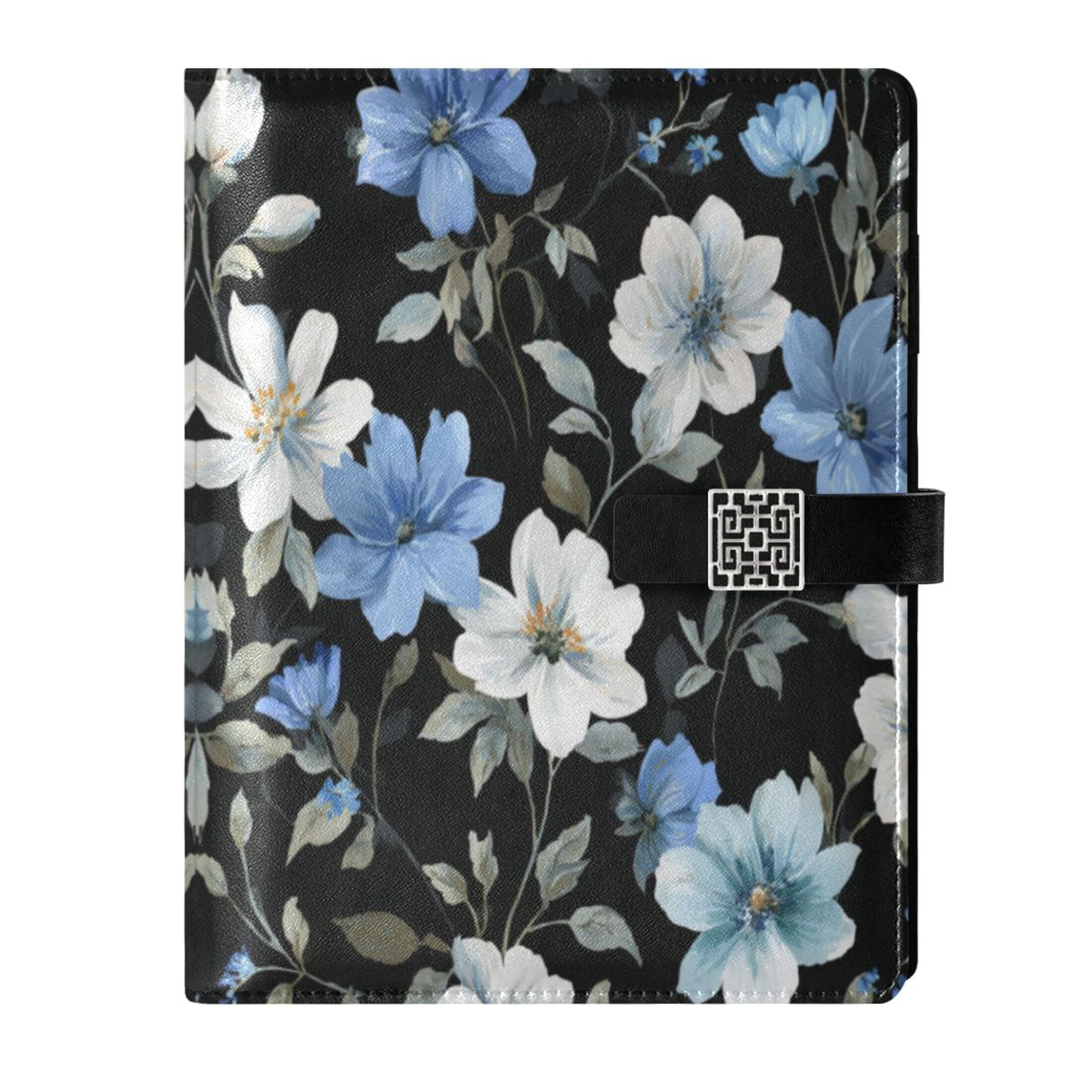 Leather Planner Leather Notebook Notebook Journal Binder Design Pen Pocket Design Convenient for Storage White Blue Flower Pattern