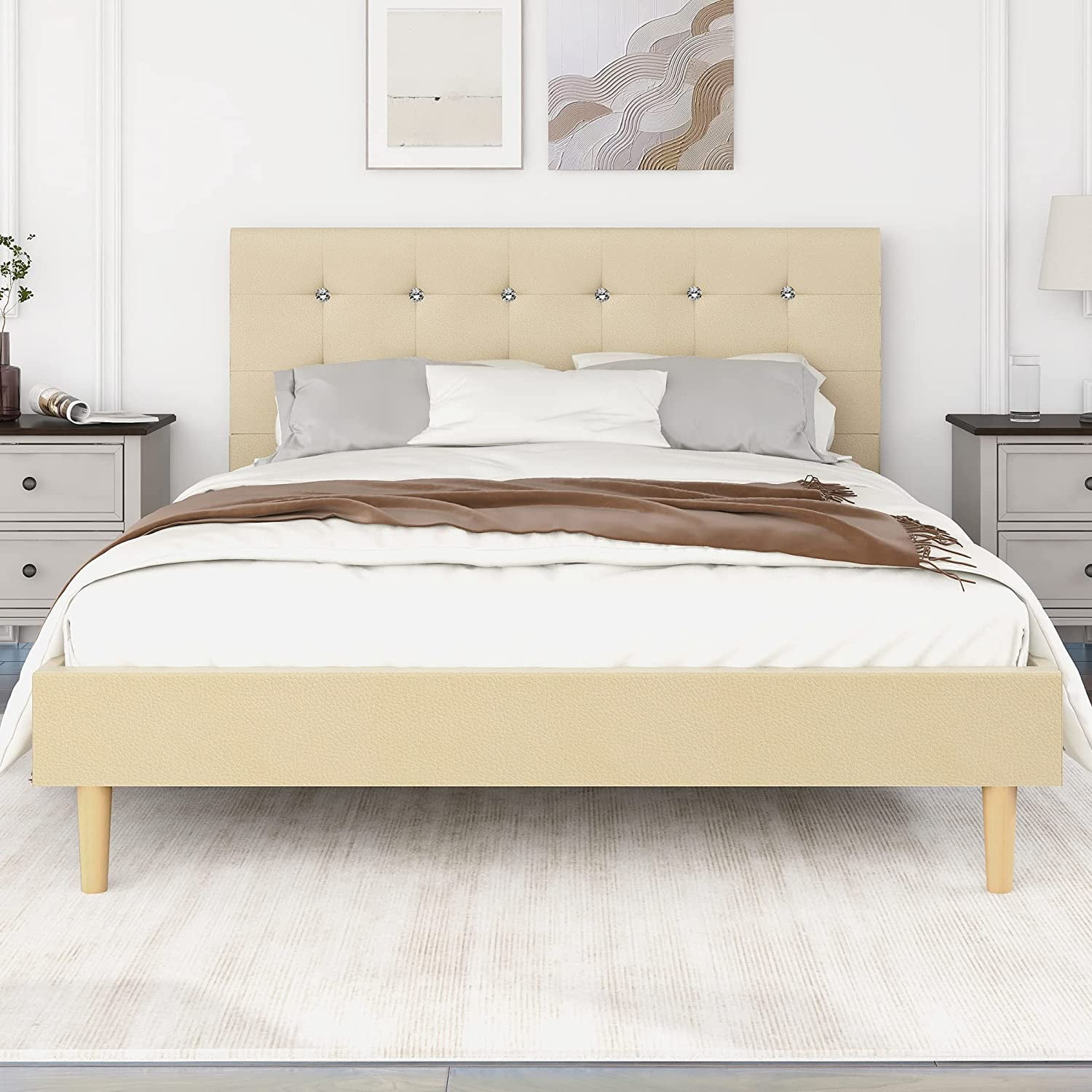 Leather Platform Bed Queen Size Bed Frame with CrystalButton Tufted