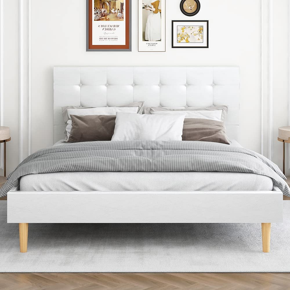 Leather Platform Bed Queen Size Bed Frame with CrystalButton Tufted