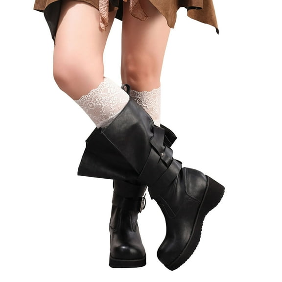 Leather Platform Wide Calf Boots for Women Wide Toe Box Slip On Knee High Booties Fashion Buckle Strap Punk Motocycle Boots Black Size 6.5