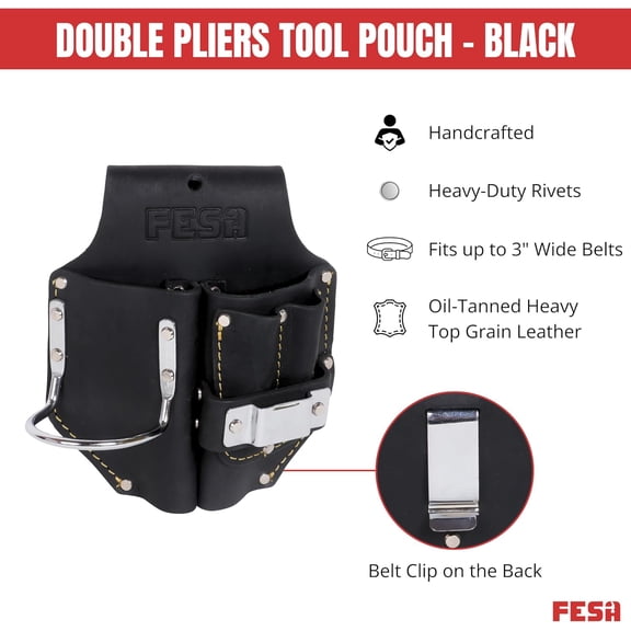 Leather Pliers Holster - Leather Double Plier Holder for Belt with Steel Hammer Holder, Tape Clip & 2 Carpenter's Pencil Pockets - Clip On Any Belt - Handcrafted