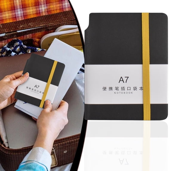 Leather Pocket Journal, Mini Portable Notebook 2.99in × 4.41in, Black Elastic Closure Notebook for Business Planning & Travel Logs, Low Price Option