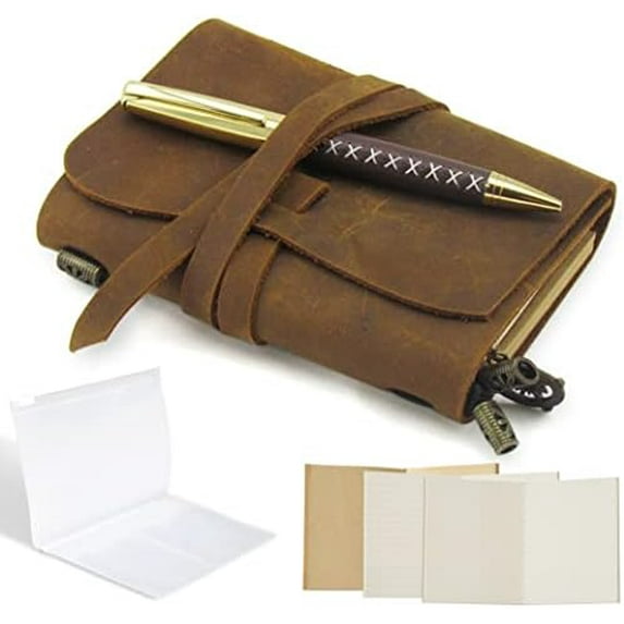 Leather Pocket Notebook - Small Refillable Travelers Journal for Men and Women, Handmade Passport Size Notebook, Diary or Sketchbook for Traveling - Ideal for Writing & Daily Planner 5.4x4.3"