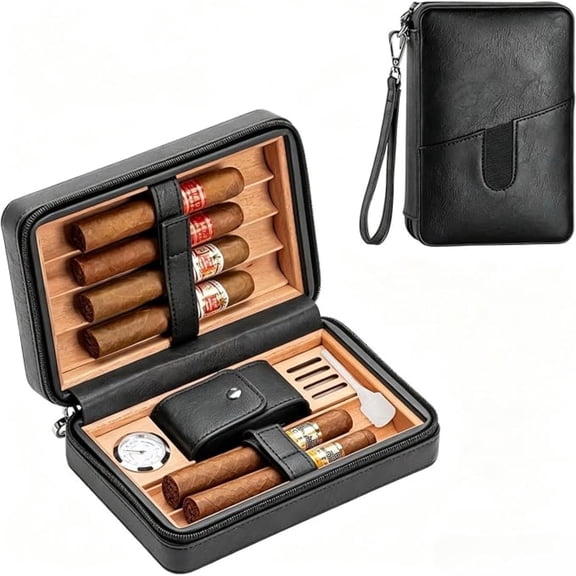 Leather Portable Travel Cigar Humidor Box, Cedar Wood Lining with Hygrometer & Detachable Humidifier, Holds 6 Cigars, Perfect for Outdoor Travel Business Trip