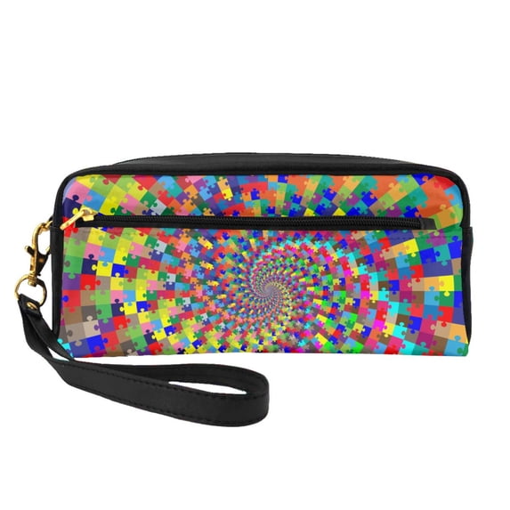 YFYANG Leather Portable Travel Small Makeup Bag, Multifunctional Storage Bag, Abstract Rotating Puzzle Pattern Cosmetic Bag