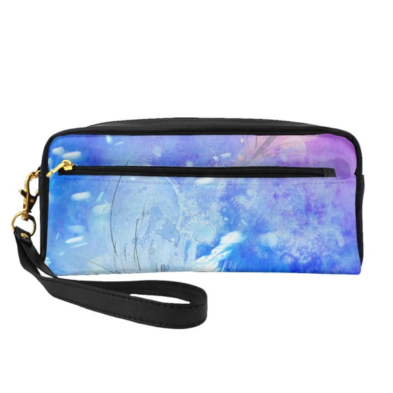 YFYANG Leather Portable Travel Small Makeup Bag, Multifunctional Storage Bag, Blue Dream Feather Pattern Cosmetic Bag