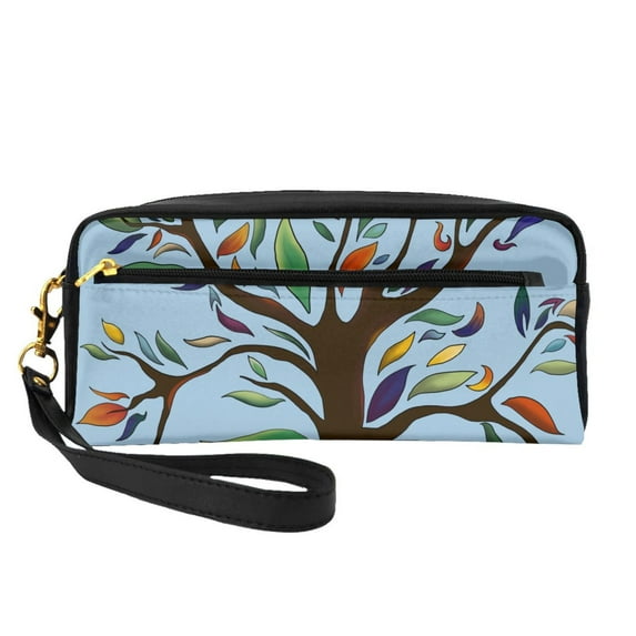 YFYANG Leather Portable Travel Small Makeup Bag, Multifunctional Storage Bag, Blue Graffiti Tree Pattern Cosmetic Bag