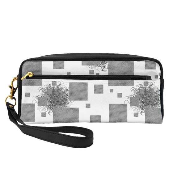 YFYANG Leather Portable Travel Small Makeup Bag, Multifunctional Storage Bag, Grey Retro Geometric Pattern Cosmetic Bag