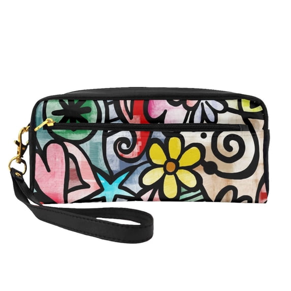 YFYANG Leather Portable Travel Small Makeup Bag, Multifunctional Storage Bag, Hand Painting Abstract Watercolor Pattern Cosmetic Bag