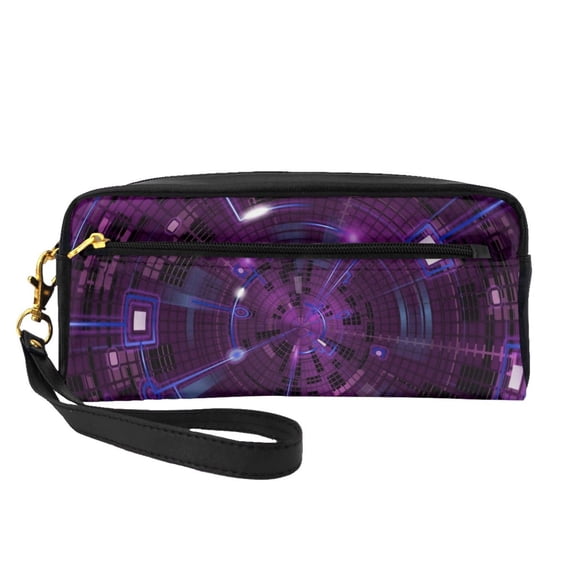 YFYANG Leather Portable Travel Small Makeup Bag, Multifunctional Storage Bag, Purple Sci-Fi Tunnel Pattern Cosmetic Bag