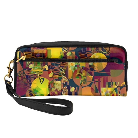 YFYANG Leather Portable Travel Small Makeup Bag, Multifunctional Storage Bag, Retro Abstract Notes Pattern Cosmetic Bag