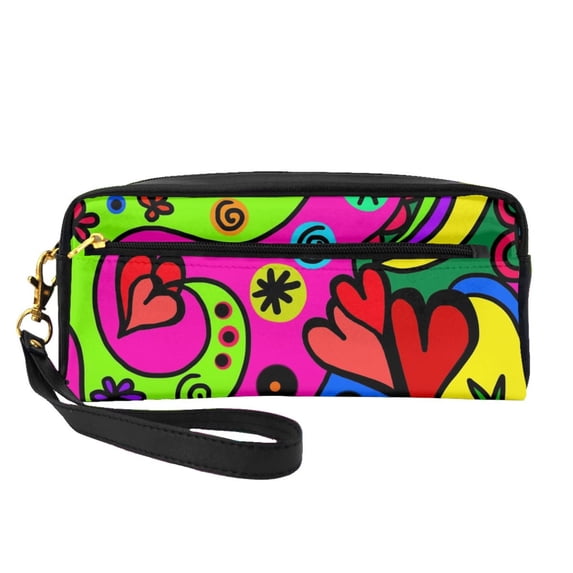 YFYANG Leather Portable Travel Small Makeup Bag, Multifunctional Storage Bag, Retro Colorful Abstract Pattern Cosmetic Bag