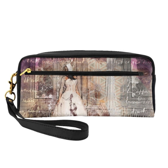 YFYANG Leather Portable Travel Small Makeup Bag, Multifunctional Storage Bag, Retro Fantasy Wedding Pattern Cosmetic Bag