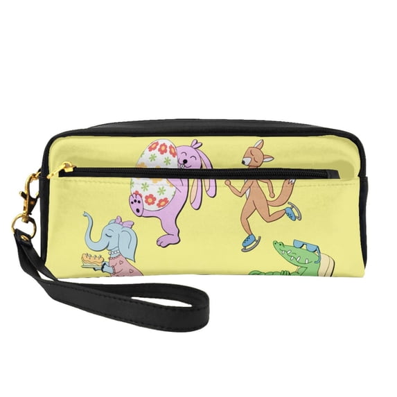 YFYANG Leather Portable Travel Small Makeup Bag, Multifunctional Storage Bag, Yellow Fun Animal Party Pattern Cosmetic Bag
