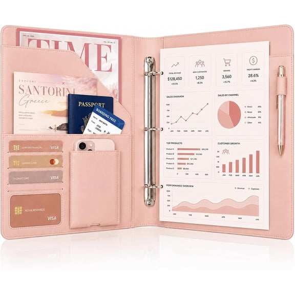 Leather Portfolio Binder 3 Ring - Padfolio Resume Folder, Rosegold | Business Binder, Officiant Folder for Meeting Interview, A4 Letter Notepad Portfolio, Notebook Legal Pad Folio for Women Men