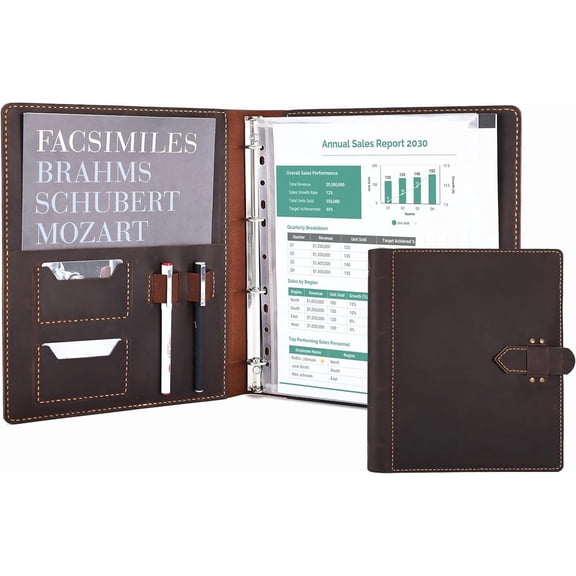 Leather Portfolio Binder Resume Folder 4-Ring Organizer - Genuine Cowhide Padfolio for Men Women Large Capacity Holds A4 Files Business Card Holder Pen Slots for Interview Conference(D.Brown)