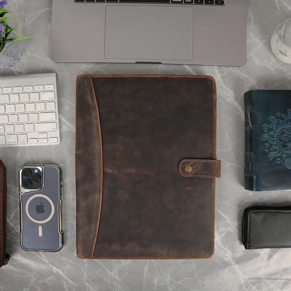 Leather Portfolio Folder with Luxury Pen and Button Closure | Business Padfolio for Professionals | Vintage Organizer with Legal Pad Holder & Card Slots (Distressed Tan)